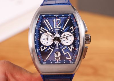 Franck Muller Vanguard Replica Gravity Tourbillon Watch Stainless Steel Bezel Blue Leather Strap